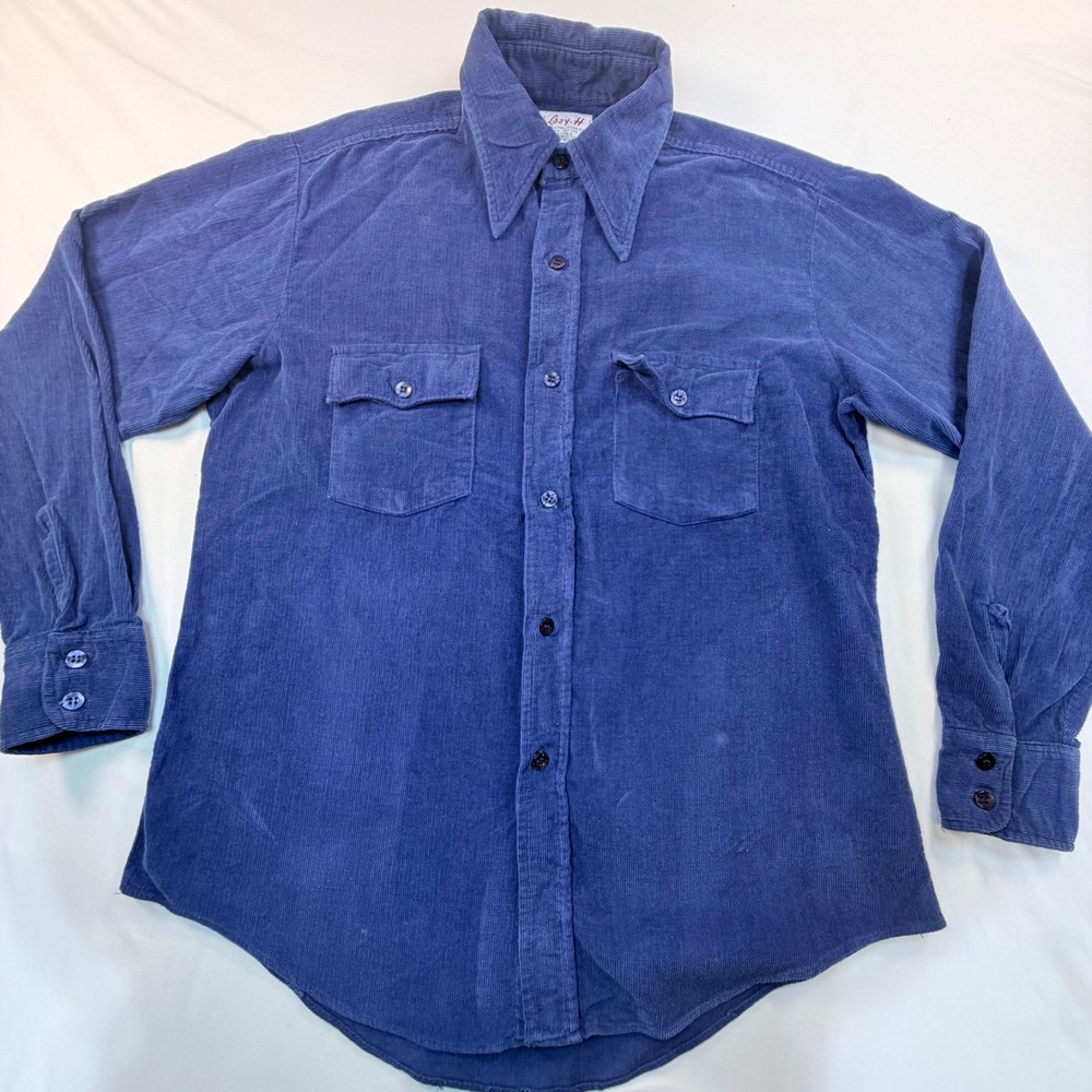 Lazy-H Vintage Mens M Blue Corduroy Button Up Work Shirt Made Hong Kong